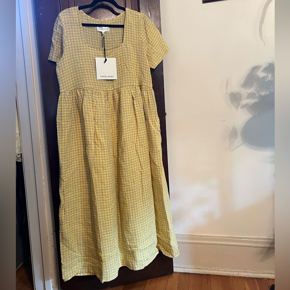 NICO SQUARE NECK LINEN MIDI DRESS SUNSHINE GINGHAM, size M